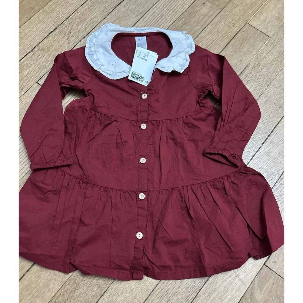 NWT H&M 2T Red Maroon Dress Eyelet Collared Long Sleeve Cotton New